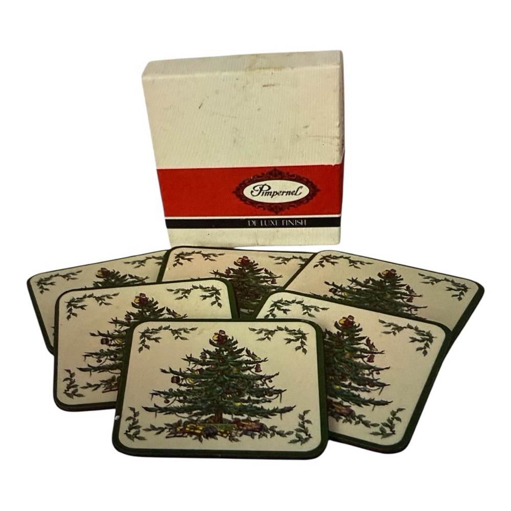 Set Of 6 Pimpernel Christmas Tree Coasters Cork Back in Box